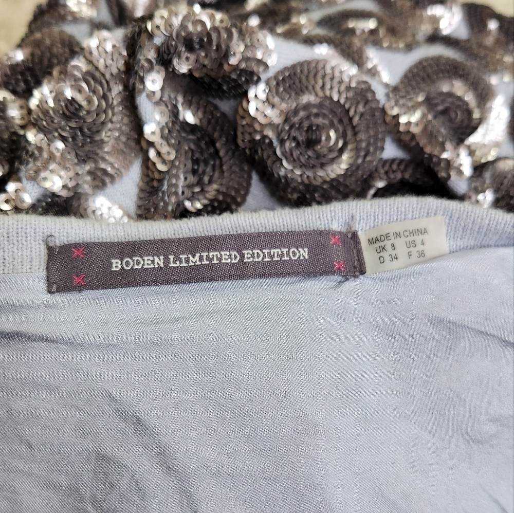 BODEN Limited Edition Beaded Cotton Cardigan Silk lined Gray Blue Silver Size 4 - Picture 2 of 11